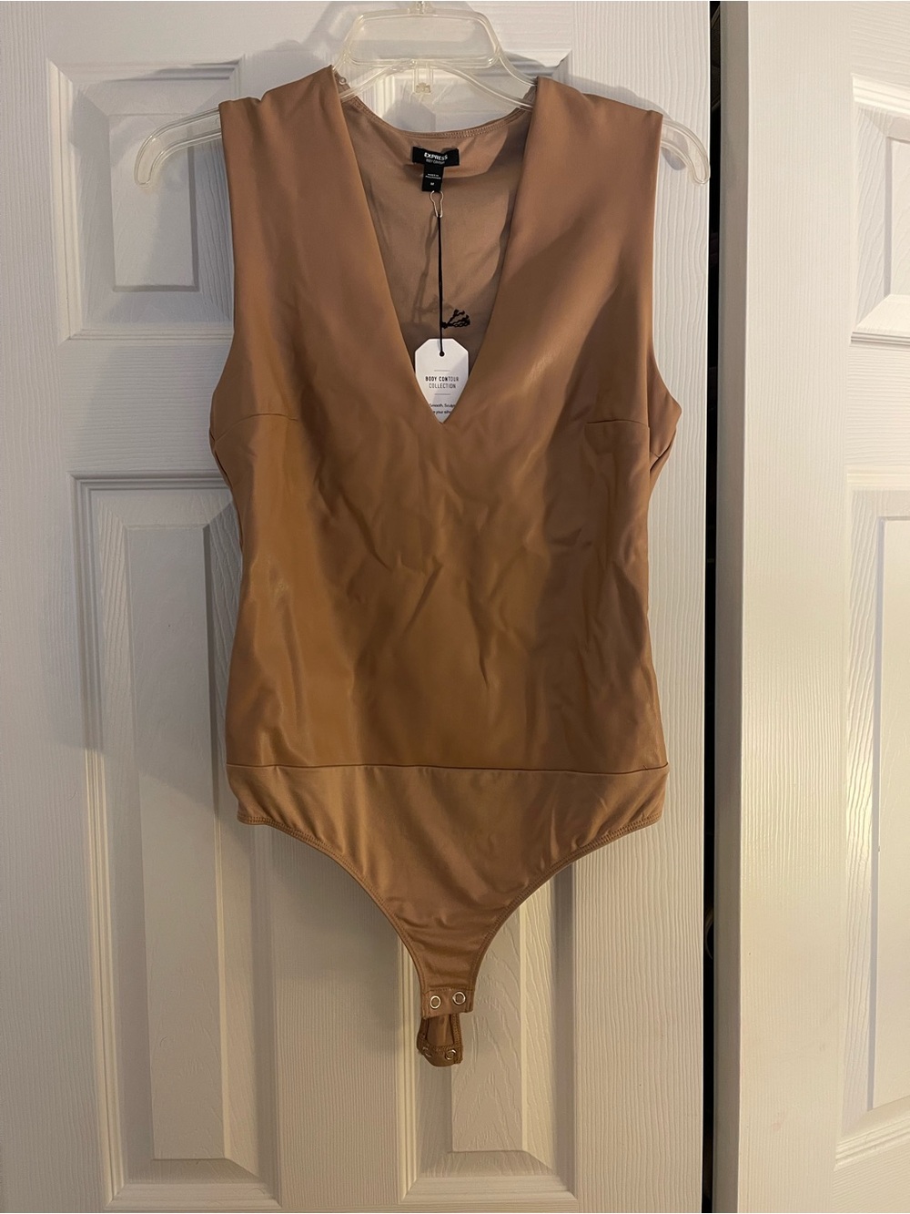 Express Tan V-Neck Faux Leather Bodysuit
